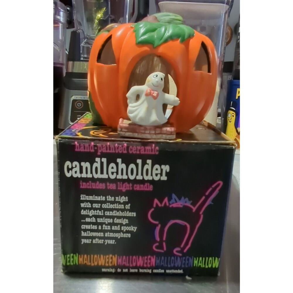 Vintage Votive Candle Holder Halloween Pumpkin & ghost Figurine Hand Painted - Picture 2 of 3